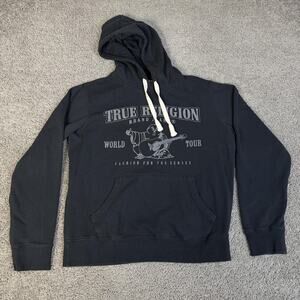 True Religion Hoodie Mens S Black Pullover Fleece Hooded Pockets Graphic